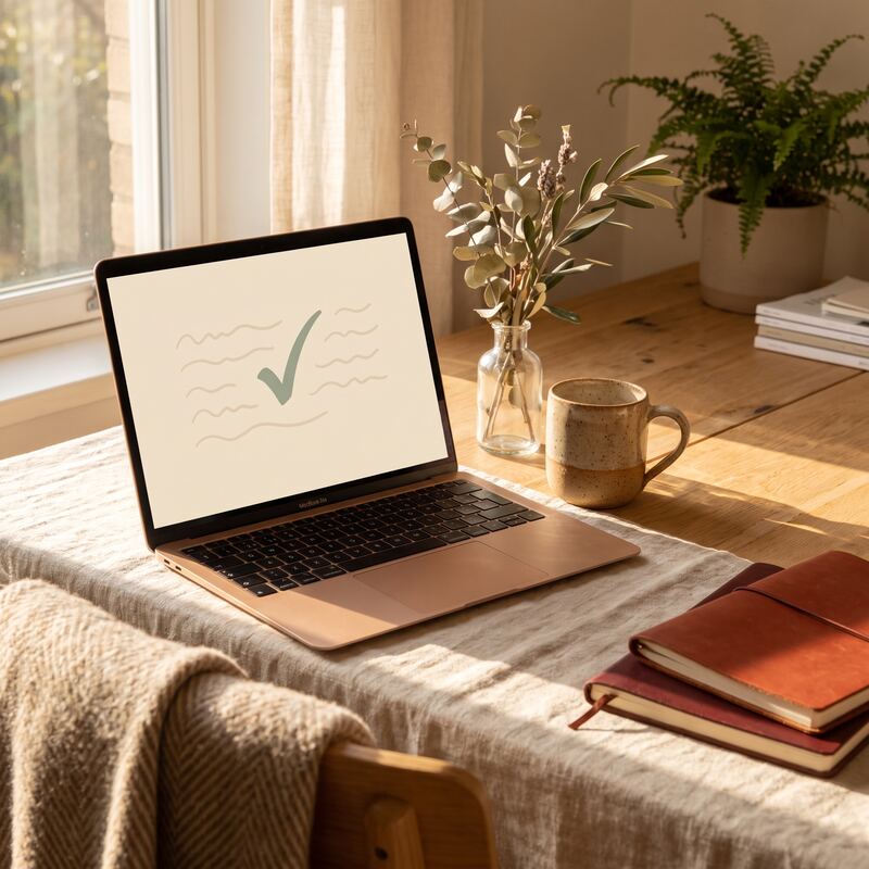 Laptop showing a completed Claude skill file being tested in a warm cream editor, small business automation tutorial Laptop showing a completed Claude skill file being tested in a warm cream editor, small business automation tutorial