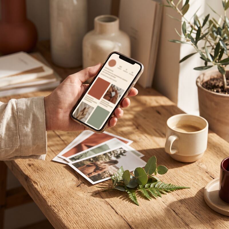 Phone showing a scrolling visual content feed where Demand Gen ads appear between posts, warm editorial styling