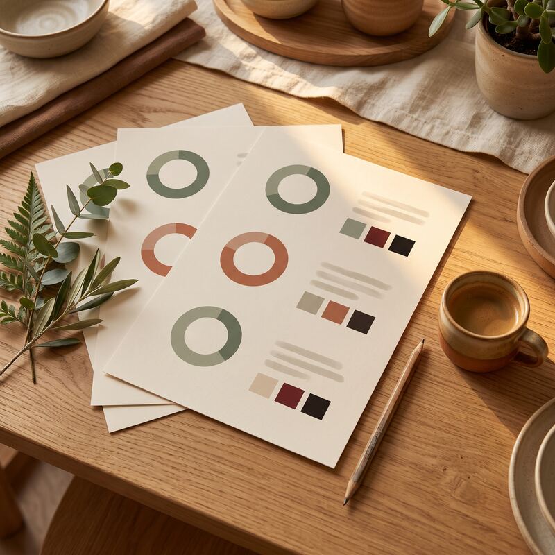 Printed audience targeting charts for a Google Demand Gen campaign on a timber planning desk in warm light