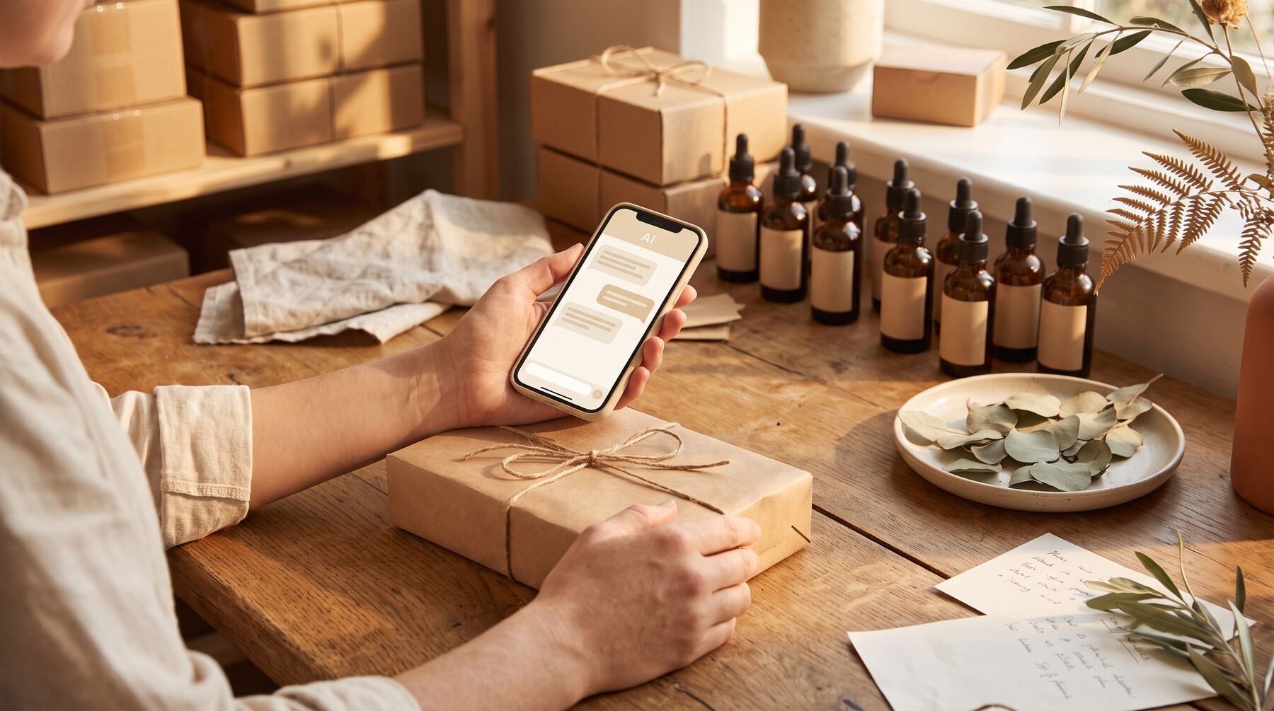 Shopify store owner's hands packing an order while checking AI shopping assistant recommendations on a phone