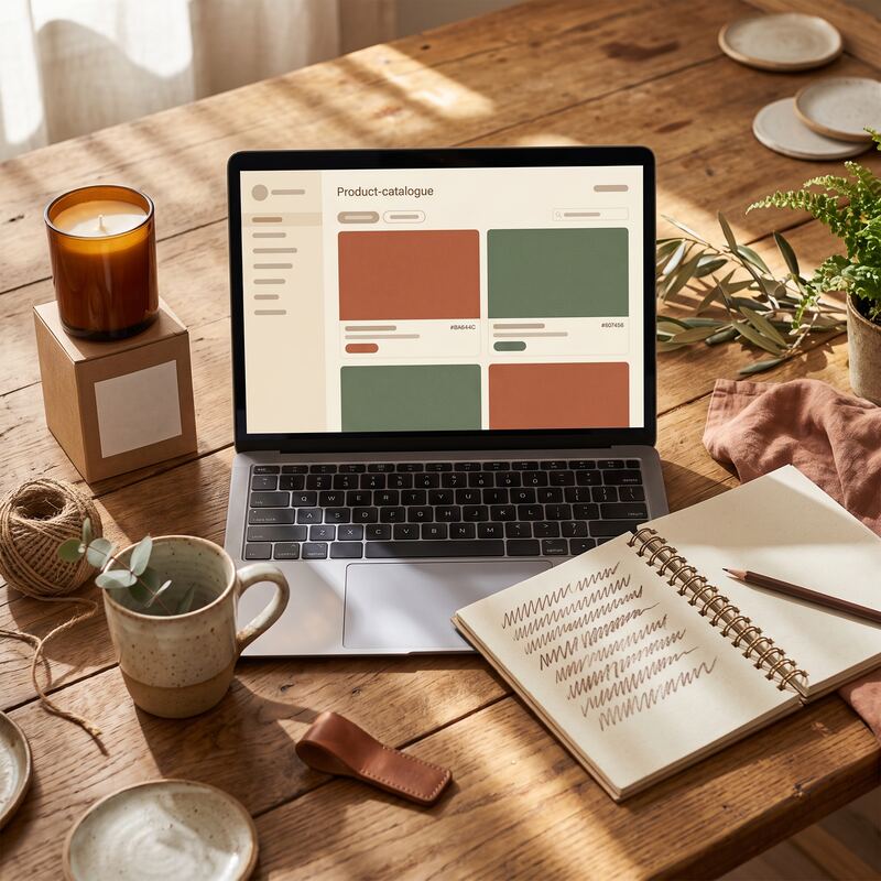 Overhead view of a laptop with e-commerce product listings beside handmade products and notes, AI SEO rewrite in progress