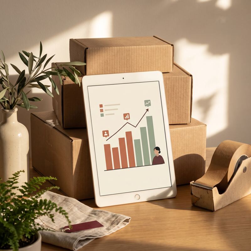 Tablet displaying e-commerce AI visibility dashboard with terracotta charts beside shipping boxes in an online store