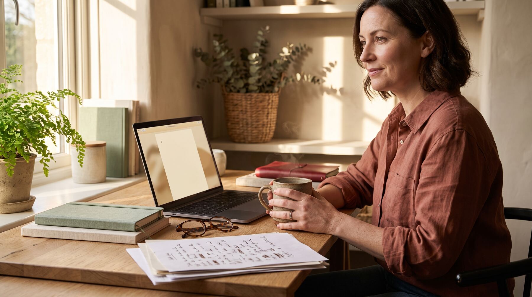 Small business owner using Gemini AI writing assistance on a laptop in a warm sunlit Australian home office