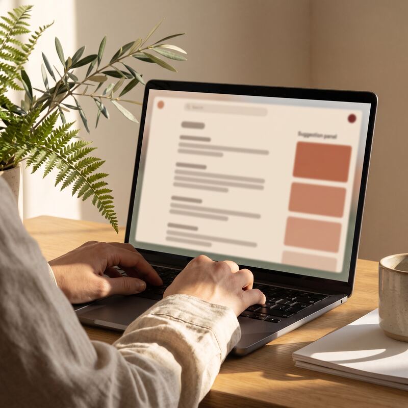 Hands drafting a client email with AI writing suggestions on screen, Gemini for small business email workflow Hands drafting a client email with AI writing suggestions on screen, Gemini for small business email workflow