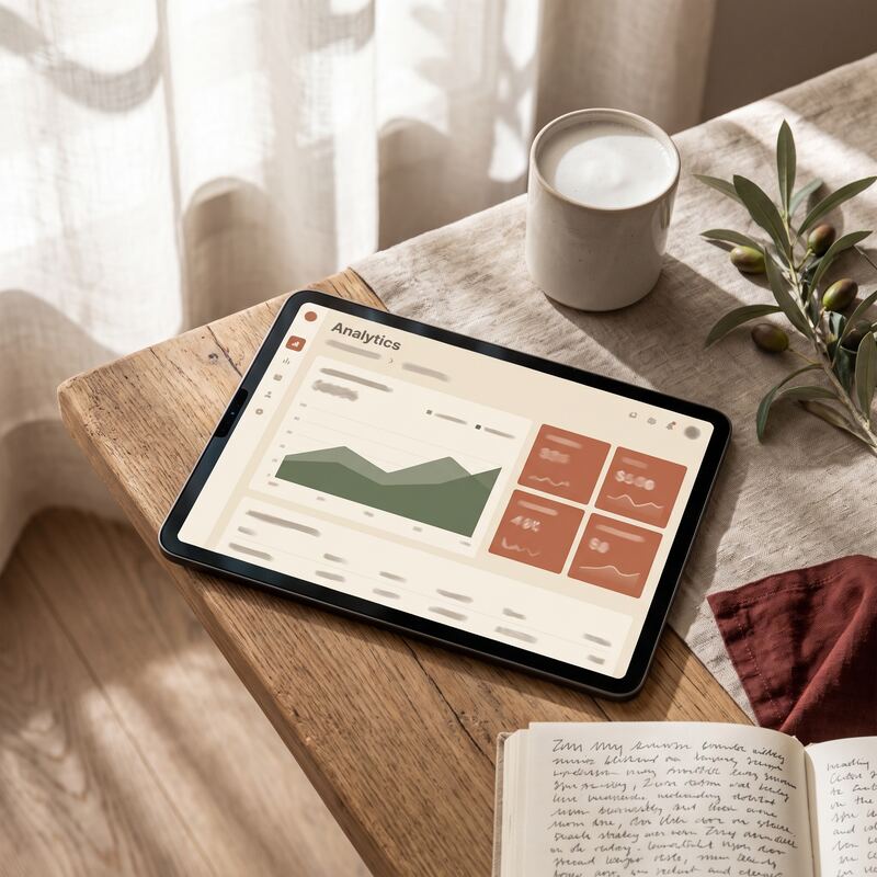 Tablet showing plain-language analytics summary dashboard beside coffee and diary, AI data insights for small business Tablet showing plain-language analytics summary dashboard beside coffee and diary, AI data insights for small business