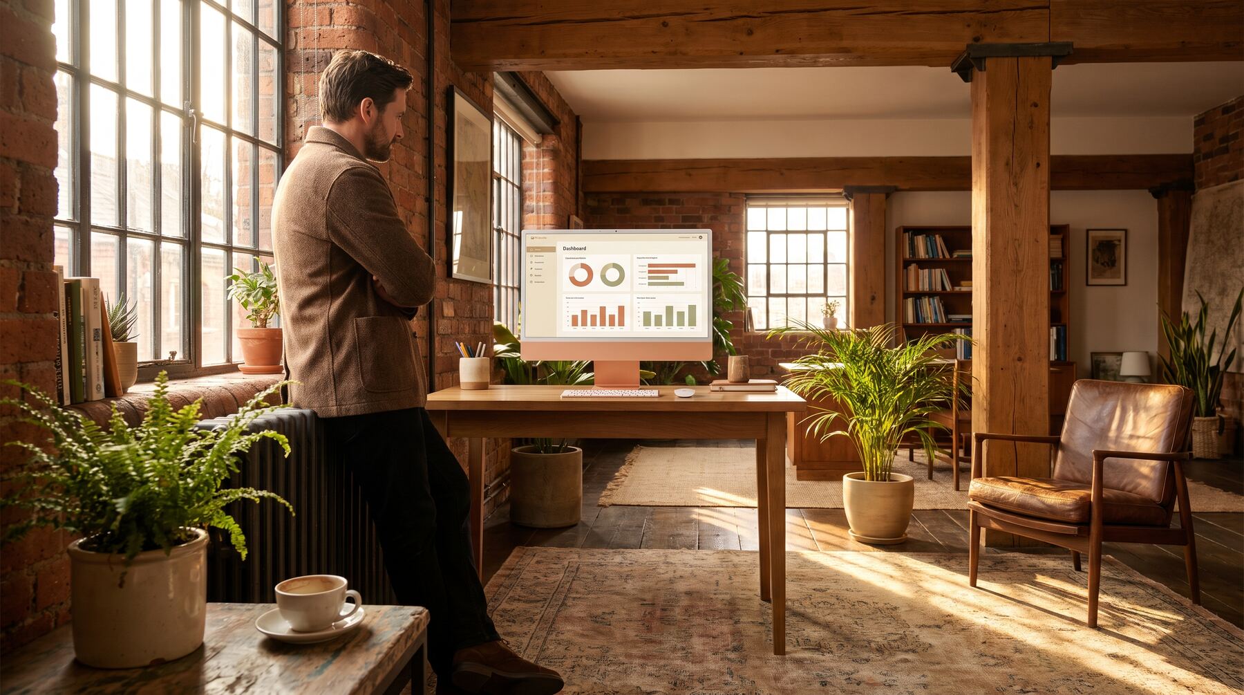 Business owner overseeing an AI-driven ads dashboard with terracotta charts in a warm brick-and-timber Perth office