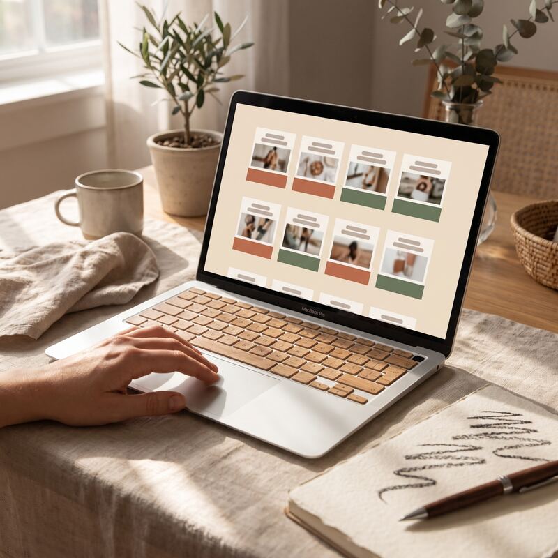 Hand reviewing AI-generated Google Ads asset variations on a laptop, human oversight of automated ad copy