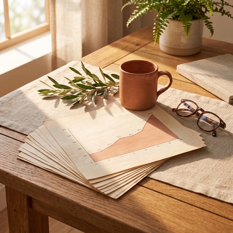Printed Google Ads performance charts with glasses and coffee on a timber desk, reviewing AI campaign results