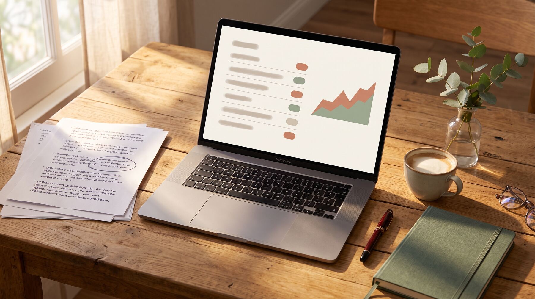 Overhead desk with Google Ads Quality Score keyword audit on laptop, printed reports and coffee in warm natural light