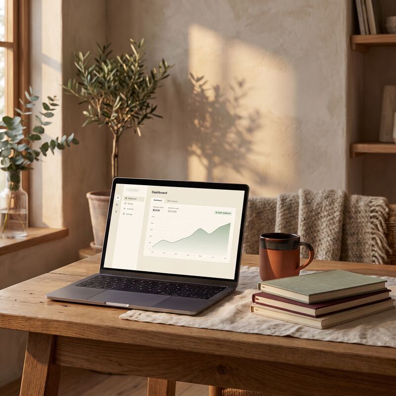 Laptop with improving Google Ads performance graph in warm evening light, Quality Score gains lowering cost per click Laptop with improving Google Ads performance graph in warm evening light, Quality Score gains lowering cost per click