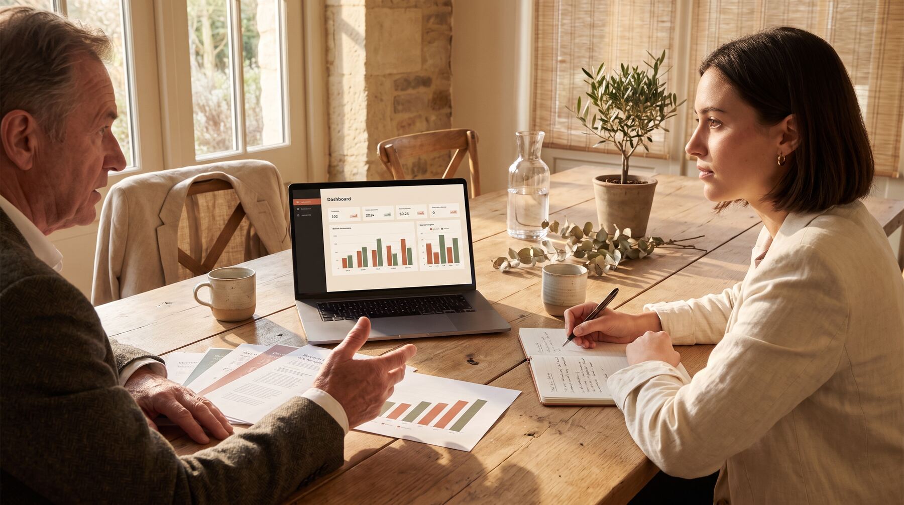 Consultant answering a small business owner's Google Ads questions over printed charts and a dashboard at a timber table
