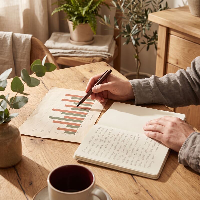 Hands pointing at a printed Google Ads budget chart during a small business advice session, question and answer moment