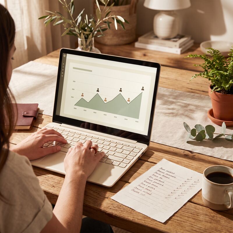 Business owner checking conversion tracking dashboard on laptop with checklist beside it, managing Google Ads herself