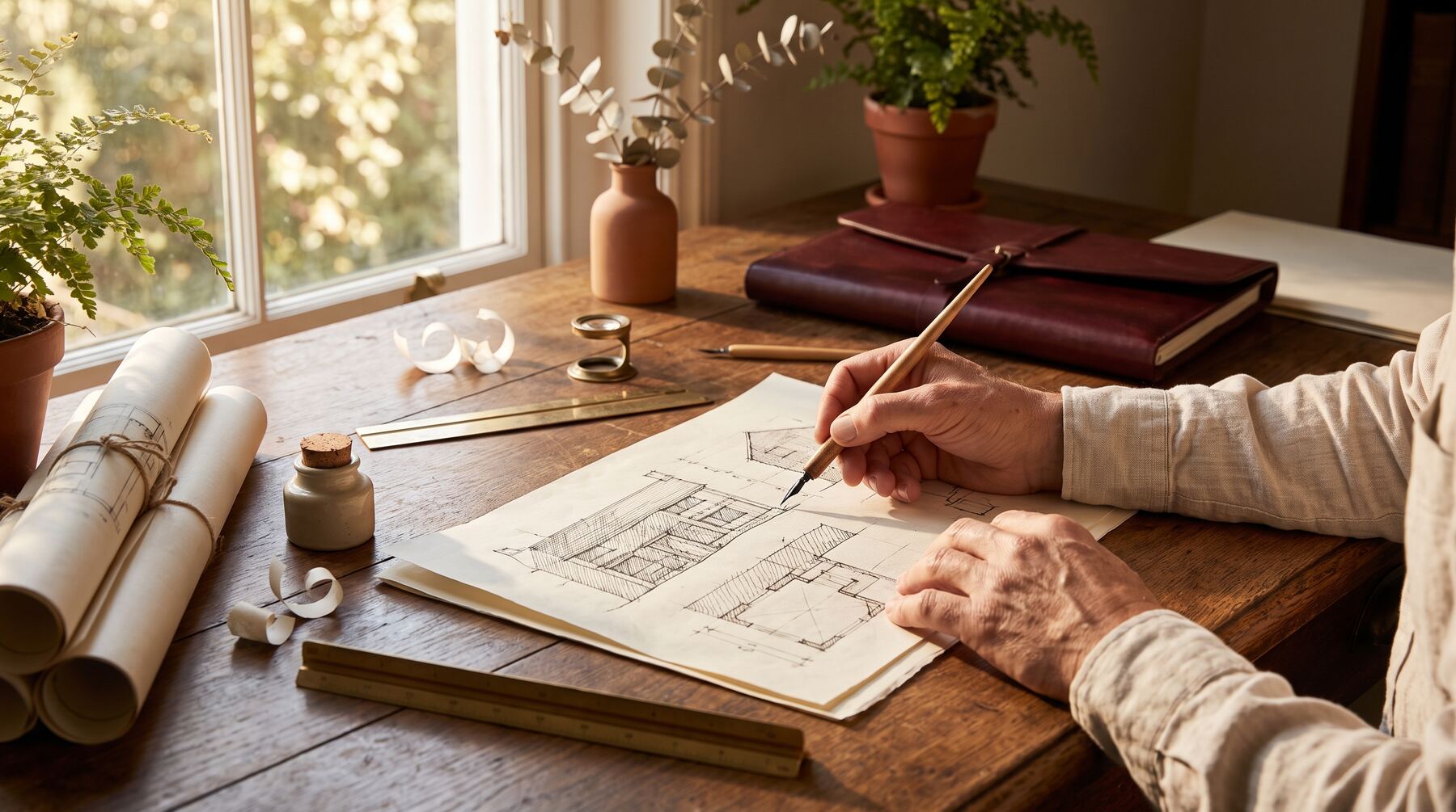 Hands drawing a detailed heritage sketch style illustration with dip pen and ink on cream paper at a warm timber studio desk Hands drawing a detailed heritage sketch style illustration with dip pen and ink on cream paper at a warm timber studio desk