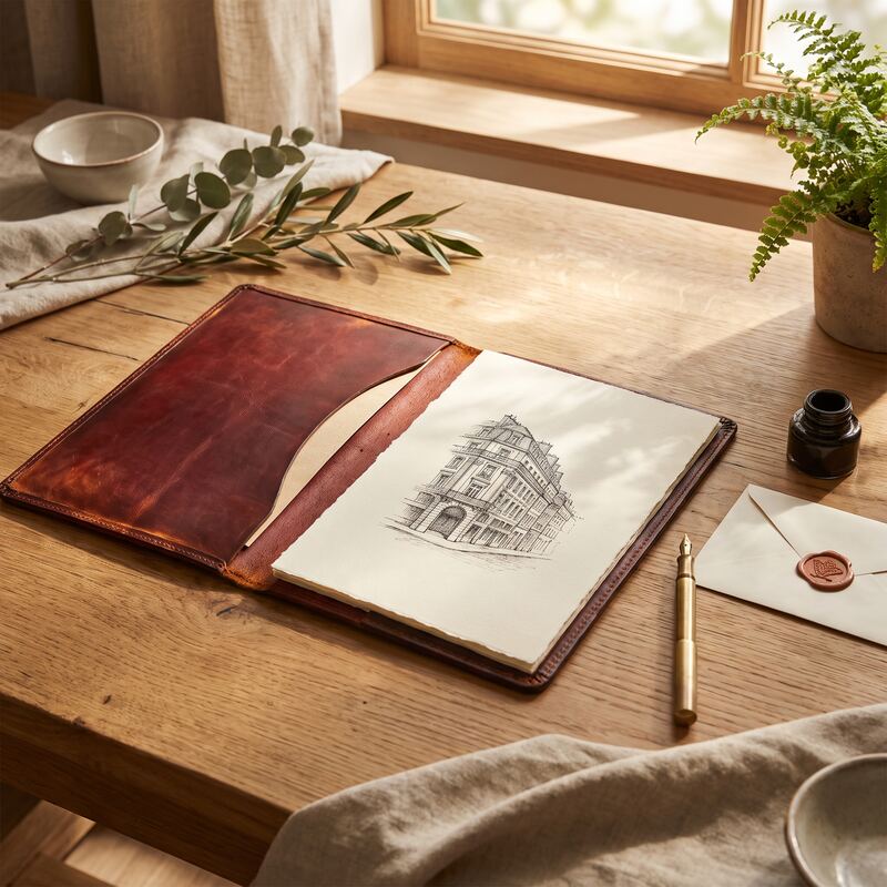 Open leather portfolio showing a heritage cross-hatched architectural sketch beside brass pen and ink on an oak desk Open leather portfolio showing a heritage cross-hatched architectural sketch beside brass pen and ink on an oak desk