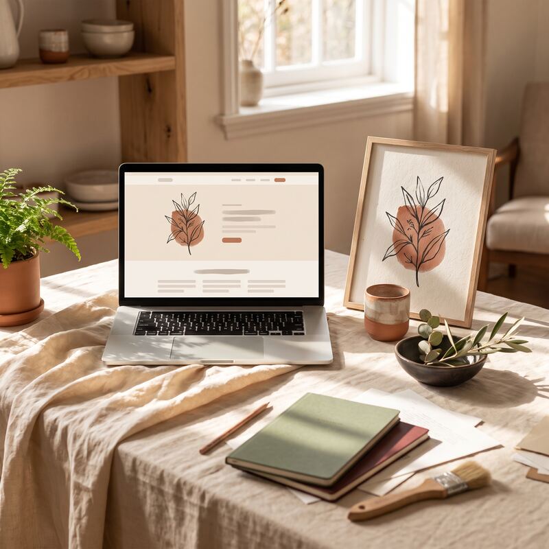 Laptop showing heritage sketch illustration in a modern website layout beside the original printed drawing on a linen table Laptop showing heritage sketch illustration in a modern website layout beside the original printed drawing on a linen table