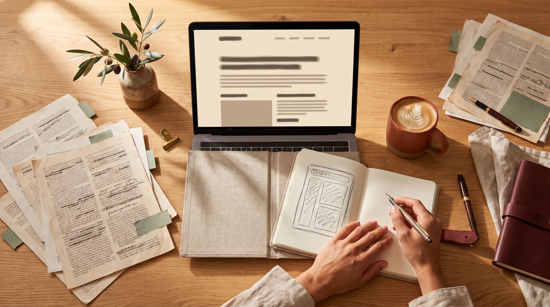 Overhead desk with laptop draft, marked-up printed pages and notebook while structuring blog posts AI assistants will cite