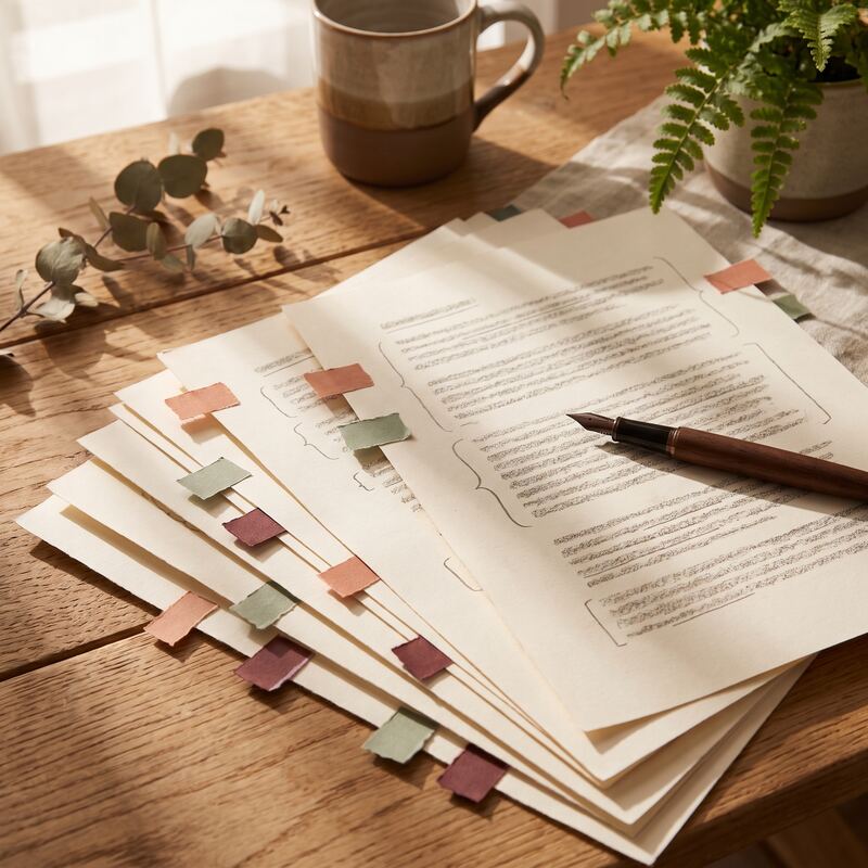 Printed blog draft pages tabbed and pencil-marked into content chunks for AI citation, fountain pen resting on top Printed blog draft pages tabbed and pencil-marked into content chunks for AI citation, fountain pen resting on top