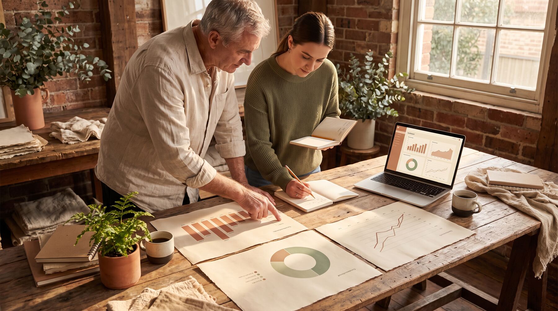 Two Australian marketers comparing printed infographic charts in terracotta and sage at a timber table in warm window light