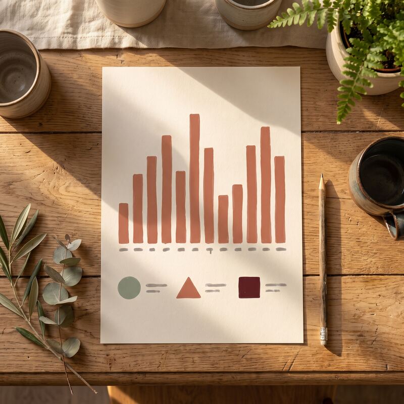 Printed infographic sheet with terracotta bar chart, sage pie chart and icons styled for shareable business data visualisation