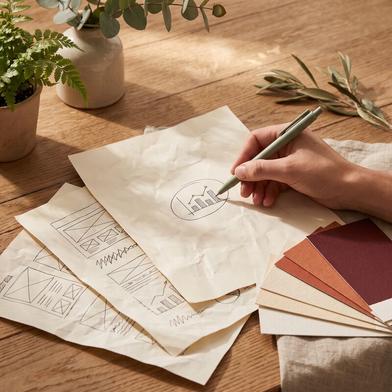 Hand refining a draft infographic layout with brand colour swatches in cream, terracotta and oxblood on a warm desk