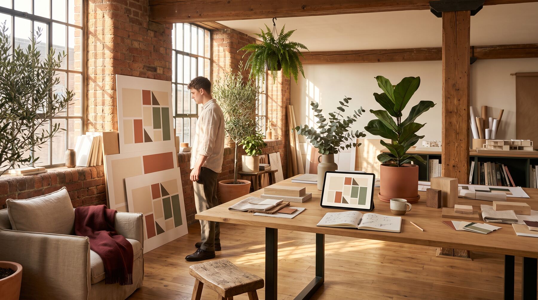 Designer in a warm brick studio reviewing angular geometric style boards, weighing isometric modern graphics for a brand