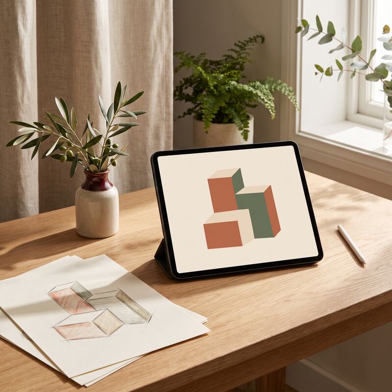 Tablet showing angular isometric style geometric composition in terracotta and sage beside paper sketches on a timber desk Tablet showing angular isometric style geometric composition in terracotta and sage beside paper sketches on a timber desk