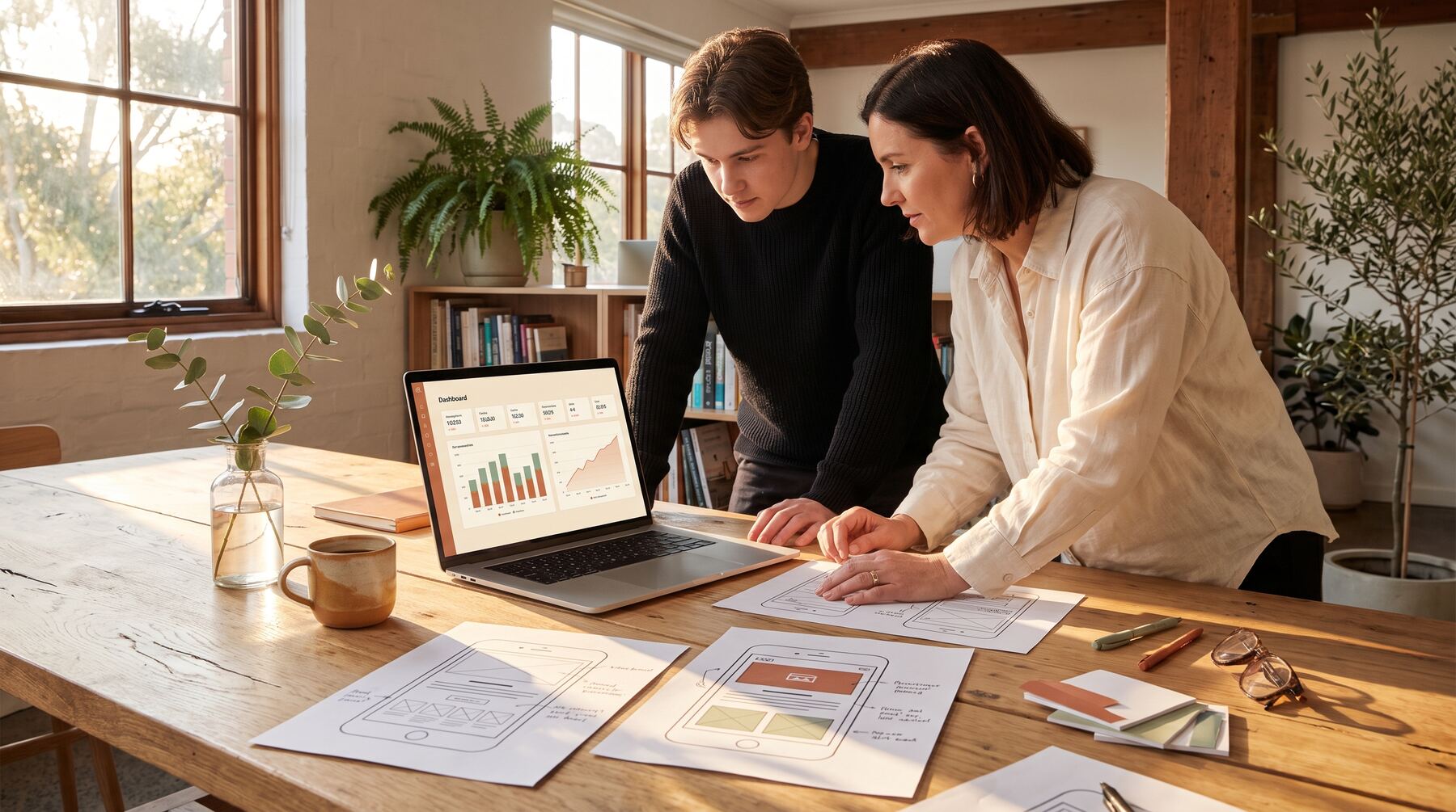 Marketing consultants comparing landing page wireframes and a Google Ads style dashboard to lower cost per click, Australian office
