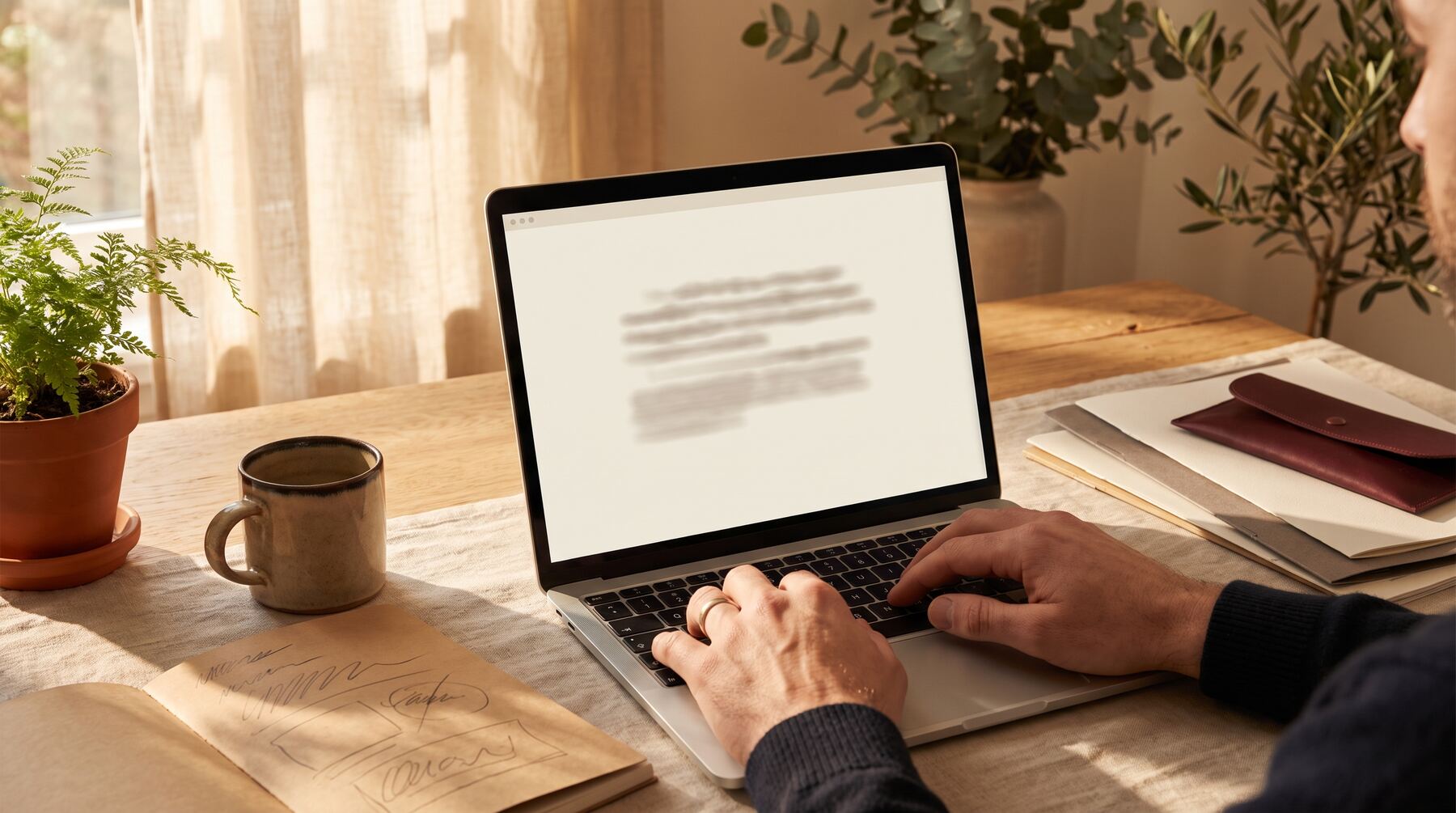 Hands writing a plain llms.txt file for AI crawlers on a laptop in warm natural light, simple AI discovery setup for business