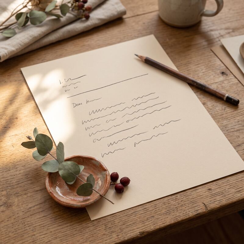 Printed plain-text file outline on a timber desk representing the simple markdown structure of an llms.txt file