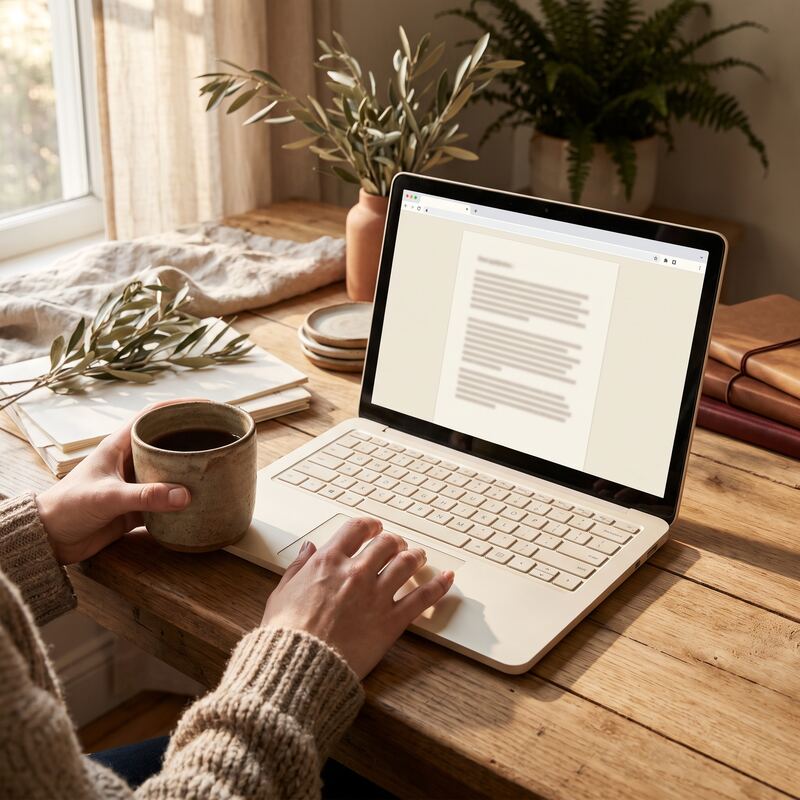 Business owner checking a live llms.txt file in a browser, verifying AI assistants can read the business profile