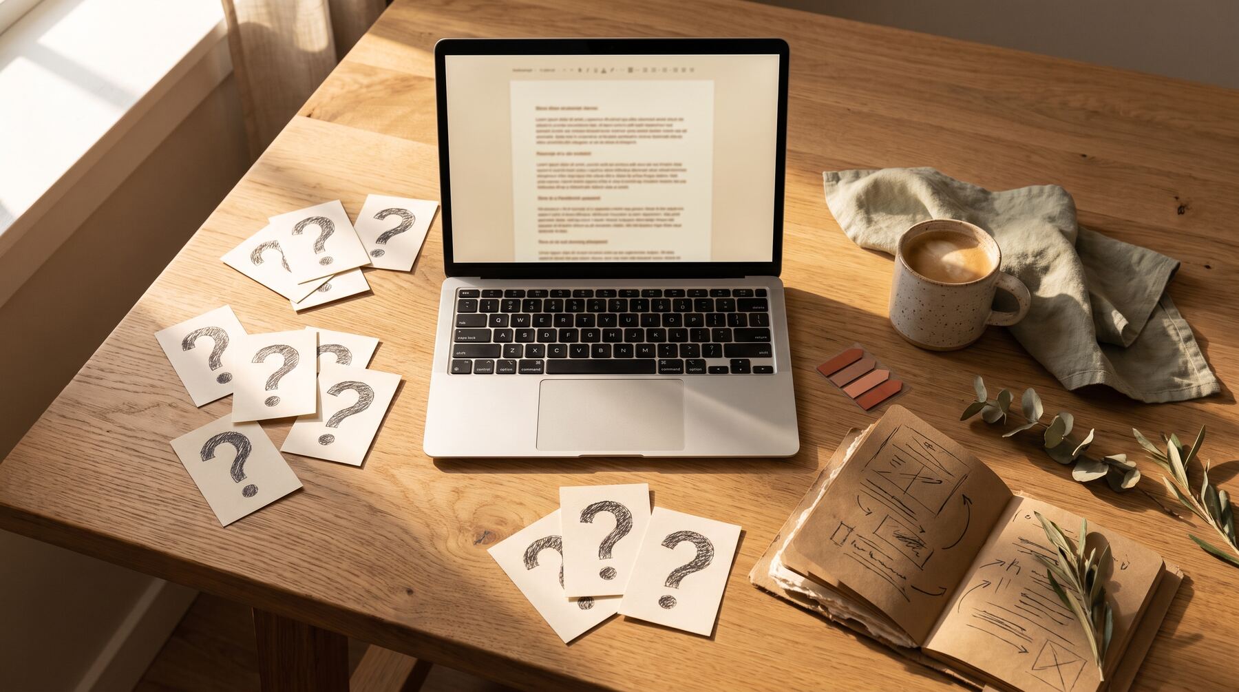 Overhead planning desk with question cards, notebook and laptop, sorting common llms.txt questions for AI discovery