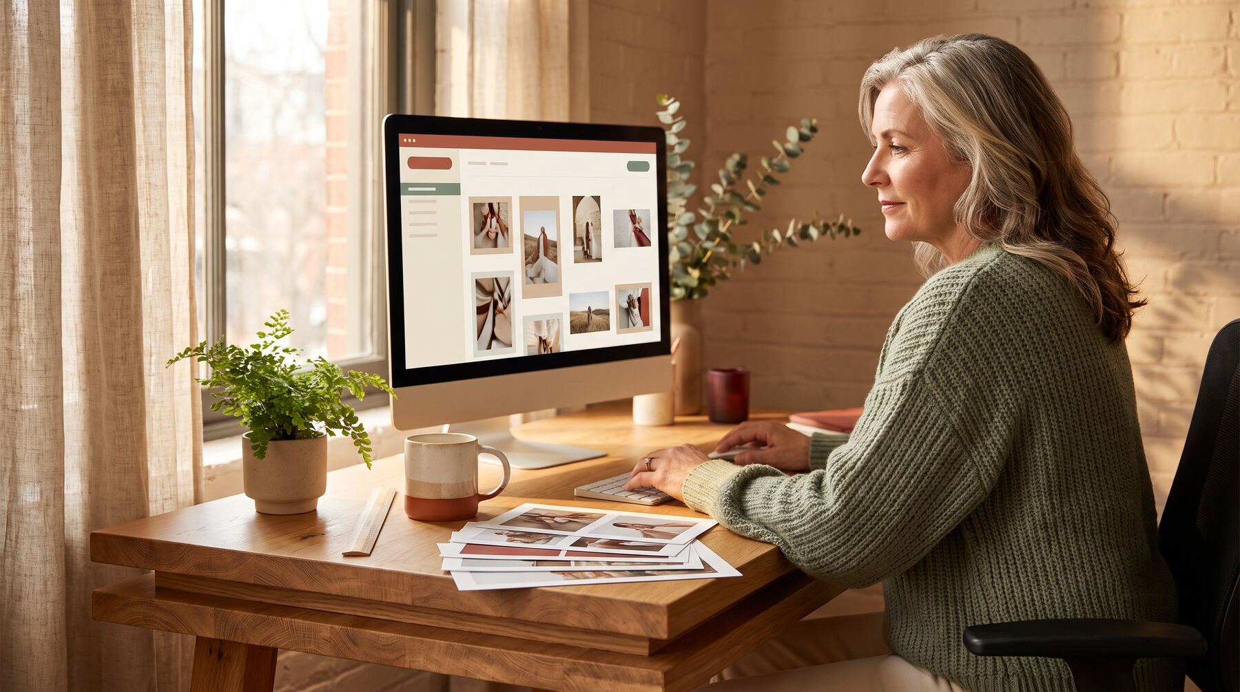 Marketer organising Performance Max image assets in landscape, square and portrait crop sizes on screen and in print