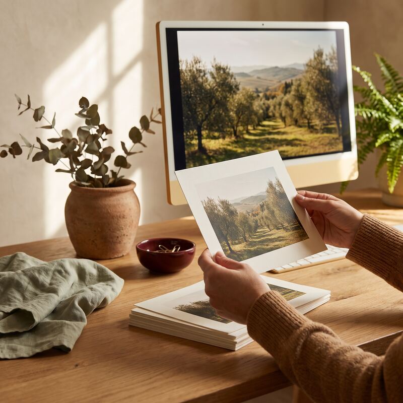 Hands comparing a printed ad image proof against an on-screen crop preview to avoid Performance Max cropping mistakes Hands comparing a printed ad image proof against an on-screen crop preview to avoid Performance Max cropping mistakes