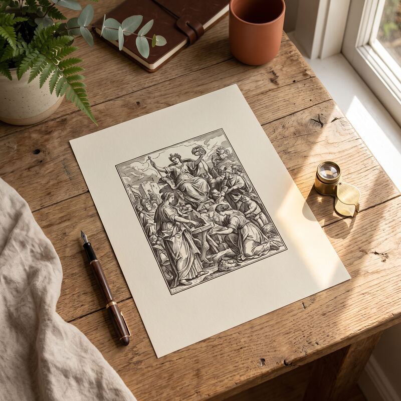 Close-up of a woodcut engraving style print with dense classical line work beside a magnifying loupe on oak timber Close-up of a woodcut engraving style print with dense classical line work beside a magnifying loupe on oak timber