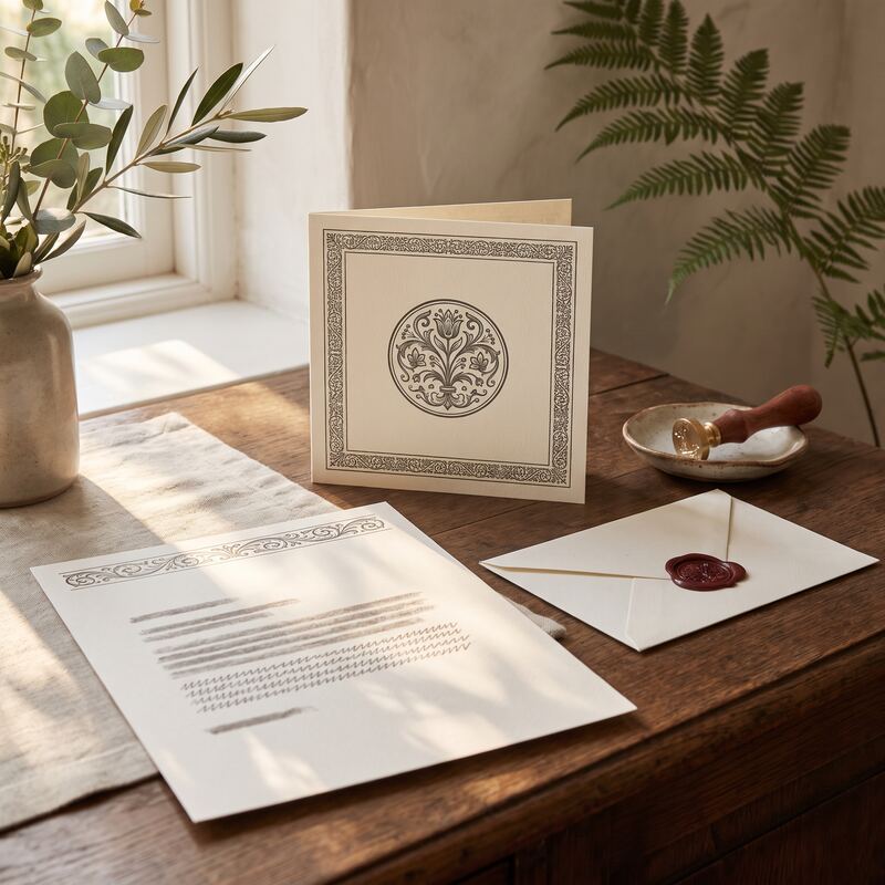 Premium engraved-style business card, letterhead and wax-sealed envelope on timber showing woodcut brand gravitas Premium engraved-style business card, letterhead and wax-sealed envelope on timber showing woodcut brand gravitas