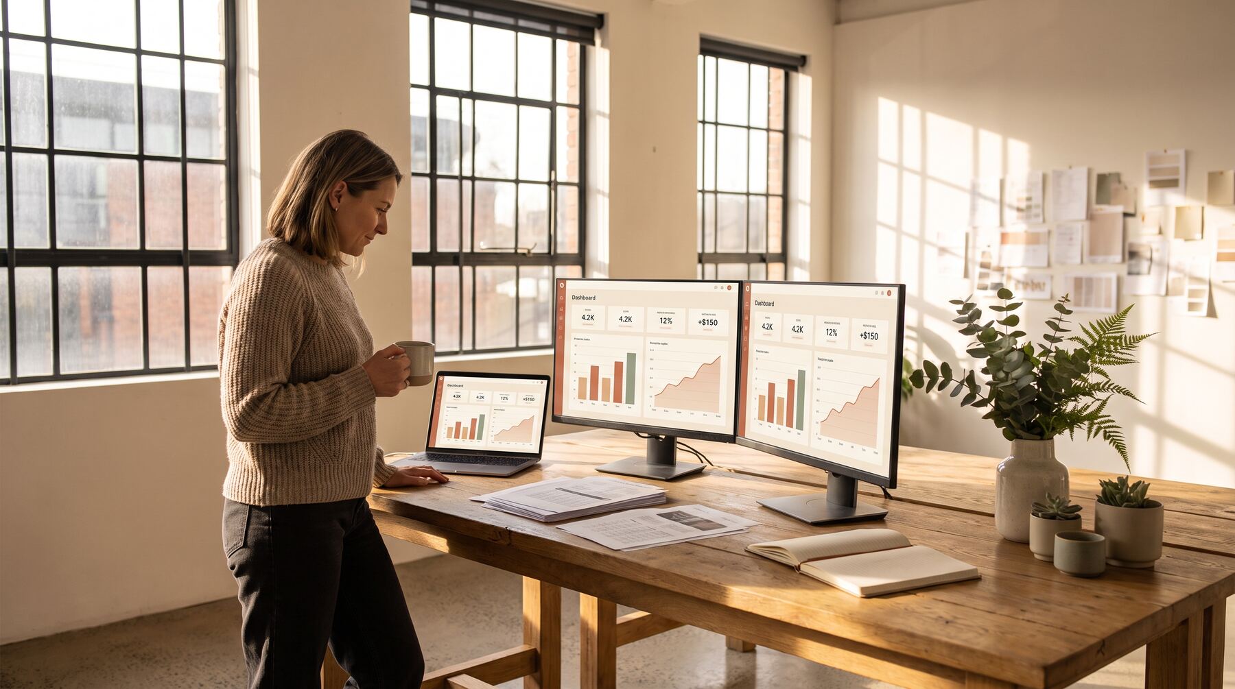 Business owner running parallel AI agents across three dashboard screens in a warm brick-and-timber Australian office Business owner running parallel AI agents across three dashboard screens in a warm brick-and-timber Australian office