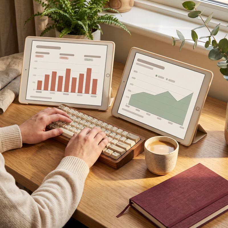 Hands between two screens showing separate warm-toned AI agent dashboards running tasks in parallel at a timber desk Hands between two screens showing separate warm-toned AI agent dashboards running tasks in parallel at a timber desk