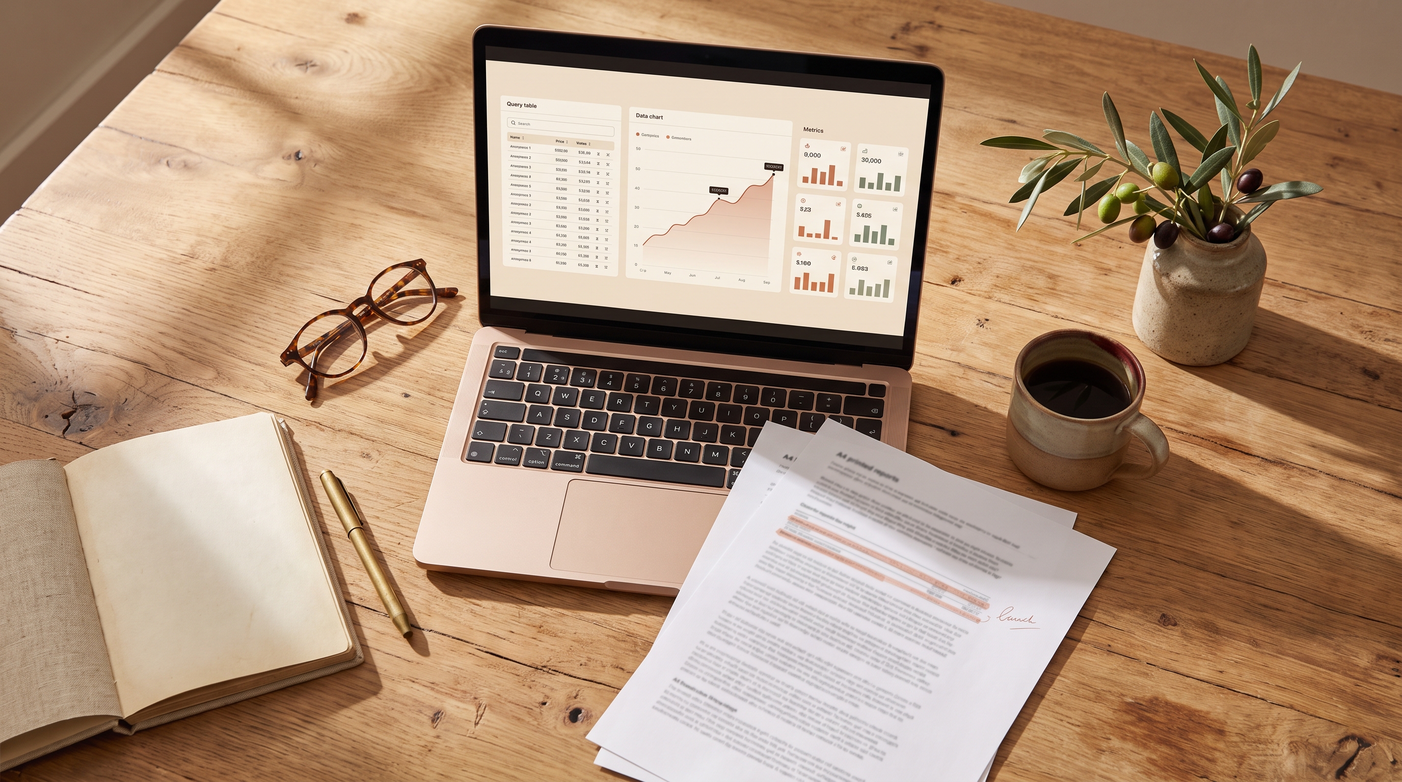 Marketing consultant comparing Google Ads, GA4 and Search Console data side by side on a laptop and printed charts