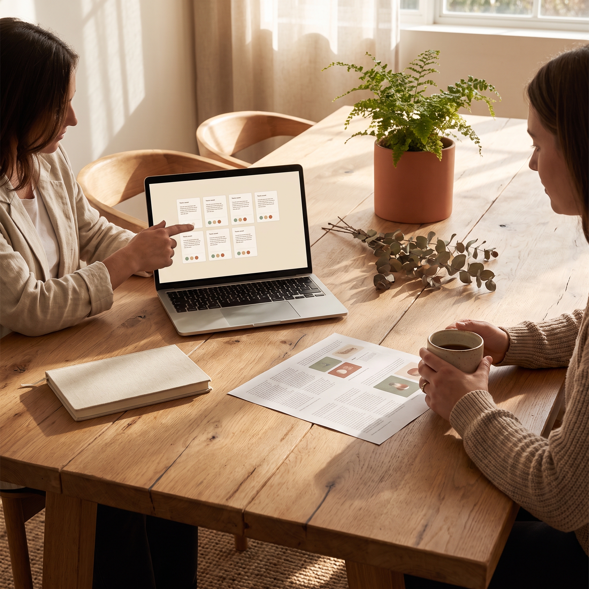 Two colleagues reviewing campaign asset performance on a laptop with printed creative options at a timber meeting table Two colleagues reviewing campaign asset performance on a laptop with printed creative options at a timber meeting table