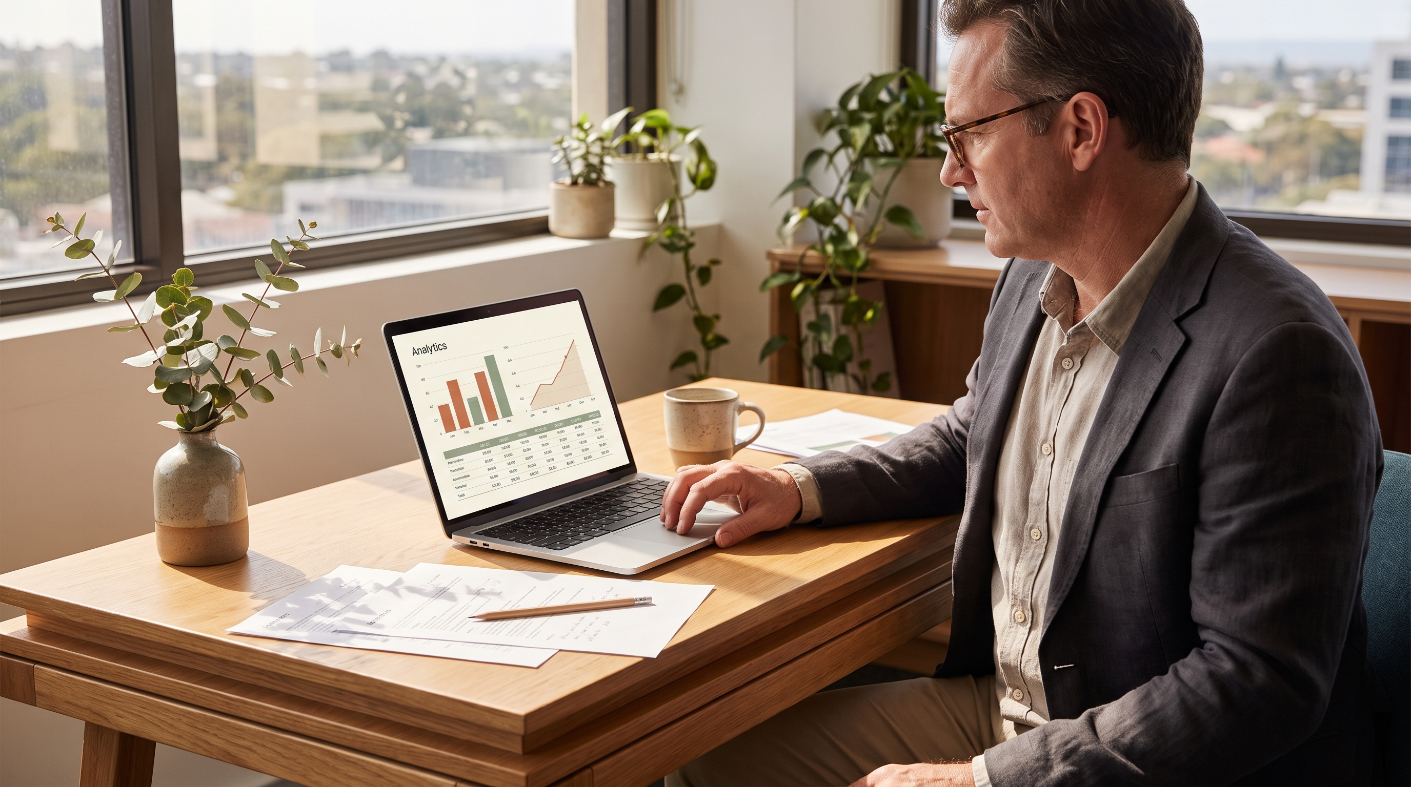 Consultant analysing Google Search Console query and indexing data on a laptop with printed reports in a warm Perth office