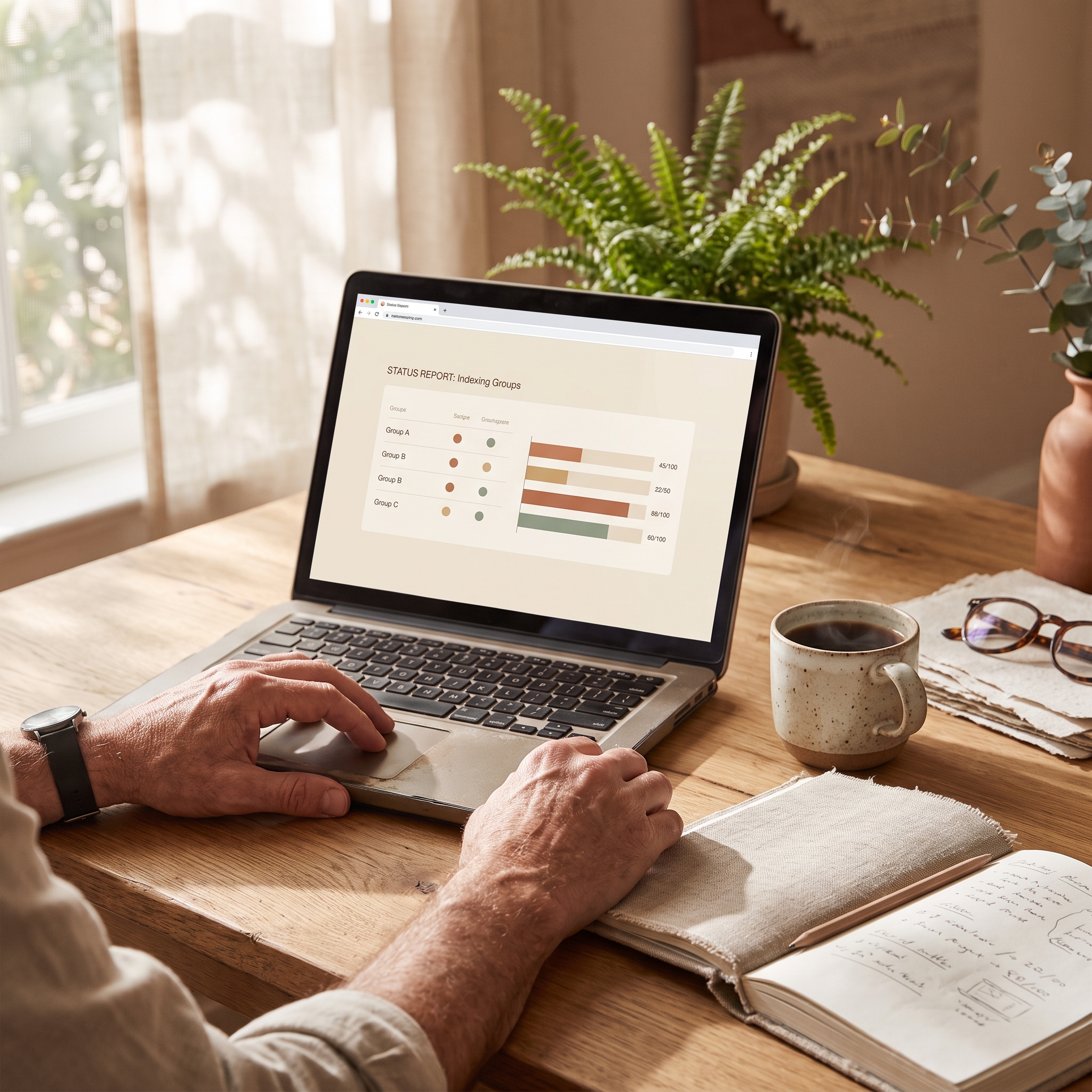 Close-up of hands reviewing a website indexing report on a laptop screen, notebook and coffee on a timber desk Close-up of hands reviewing a website indexing report on a laptop screen, notebook and coffee on a timber desk