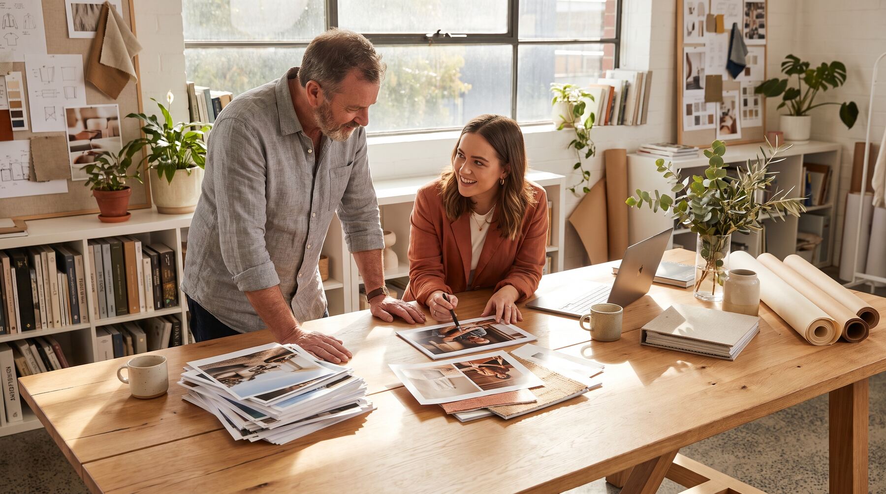 Consultant and business owner comparing generic stock photo prints against authentic brand imagery at a timber table