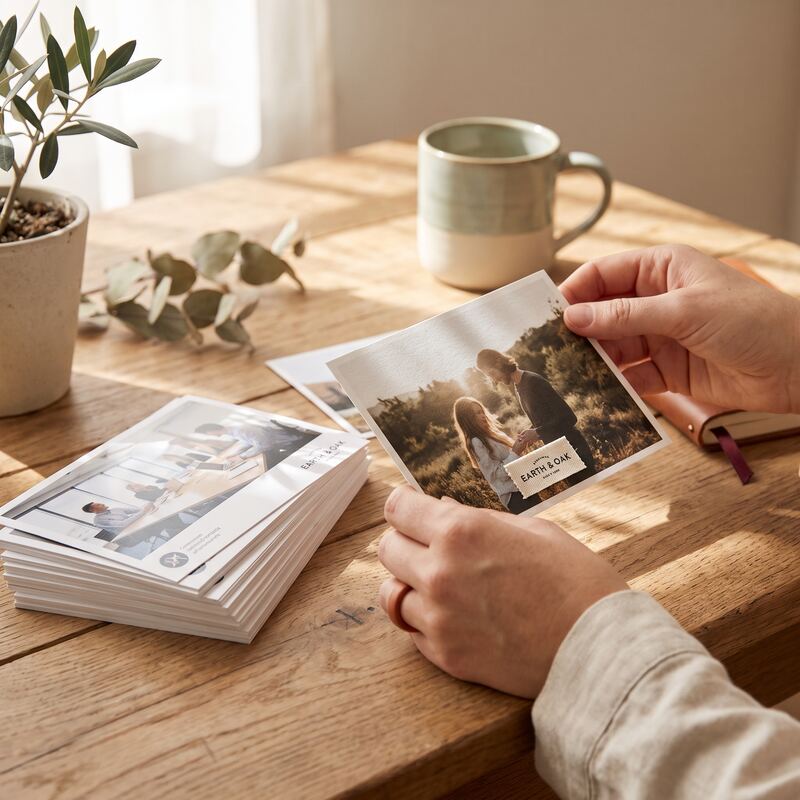 Hands separating glossy generic stock photo prints from a warm authentic brand photograph on a timber desk Hands separating glossy generic stock photo prints from a warm authentic brand photograph on a timber desk