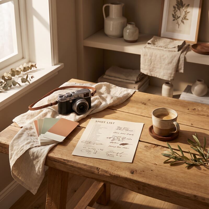 Camera, scribbled shot list and terracotta colour swatches on timber — planning original brand photography over stock Camera, scribbled shot list and terracotta colour swatches on timber — planning original brand photography over stock