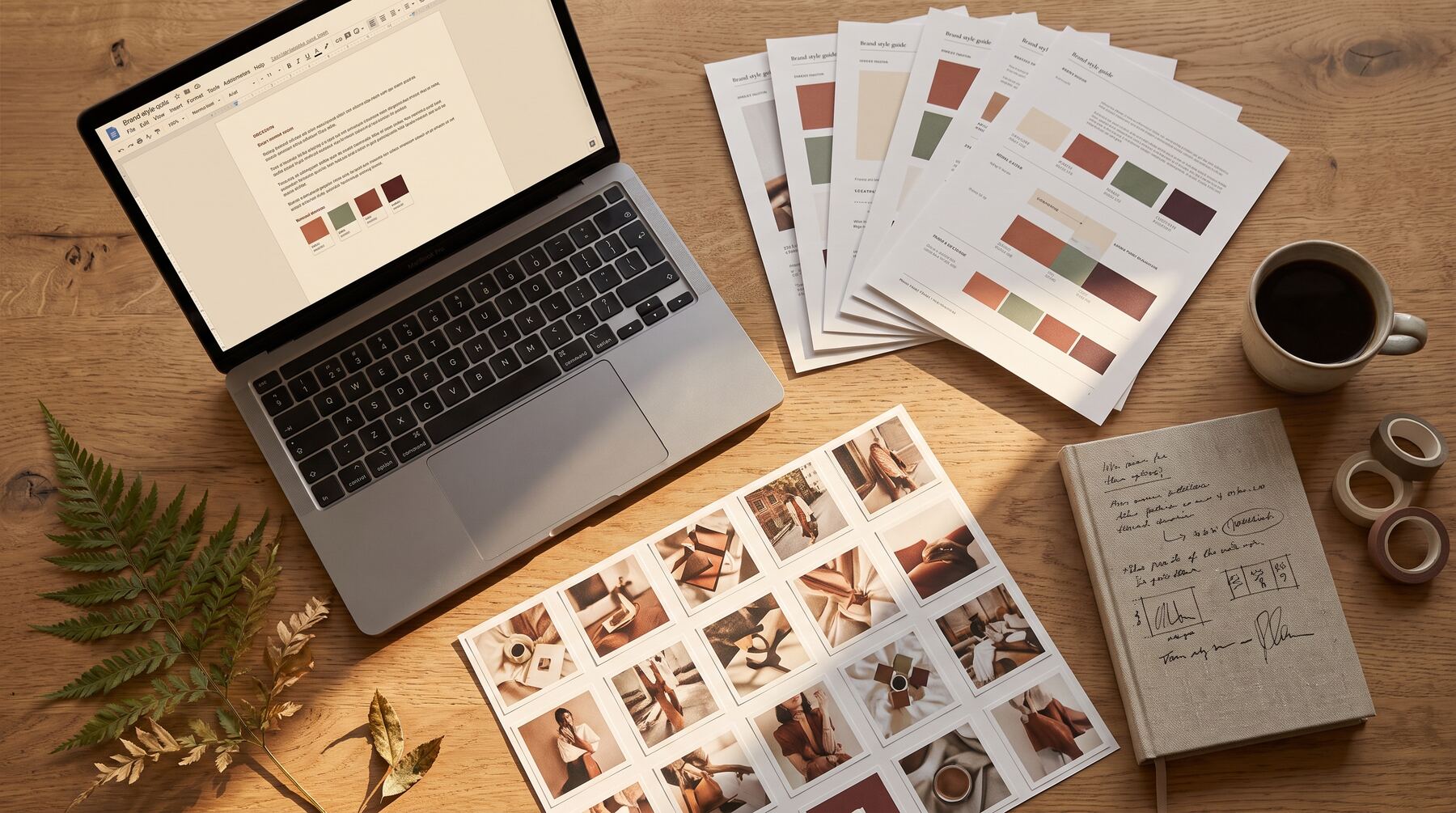 Overhead desk with brand style guide document, colour swatches and consistent image grid — Style MD visual consistency