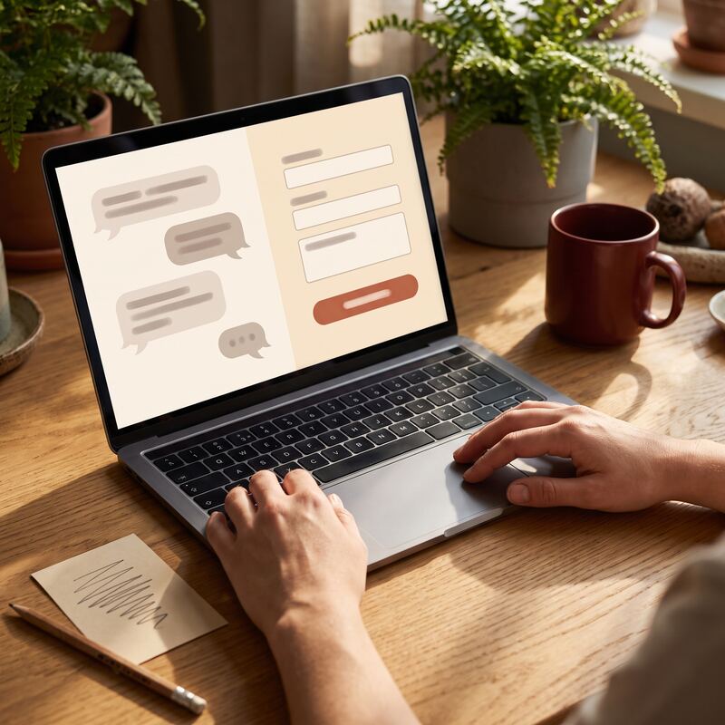 Hands at a laptop showing an AI chat and app preview interface — building a web form by plain-English description
