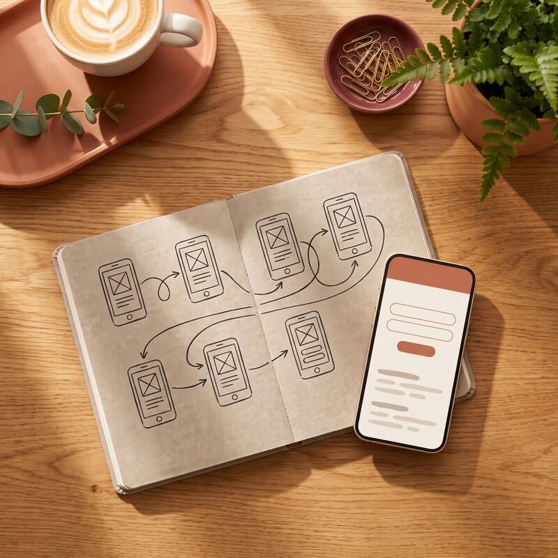Notebook app sketch beside a phone showing a warm cream prototype — planning software with vibe coding and AI