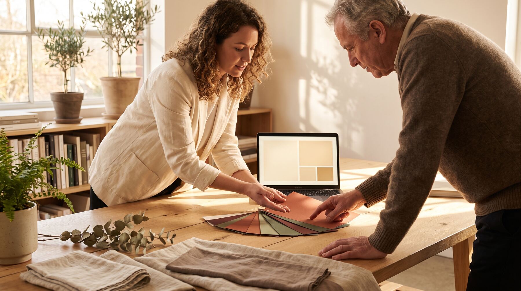 Designer and business owner comparing bold vibrant colour swatches and printed brand graphics at a timber studio table