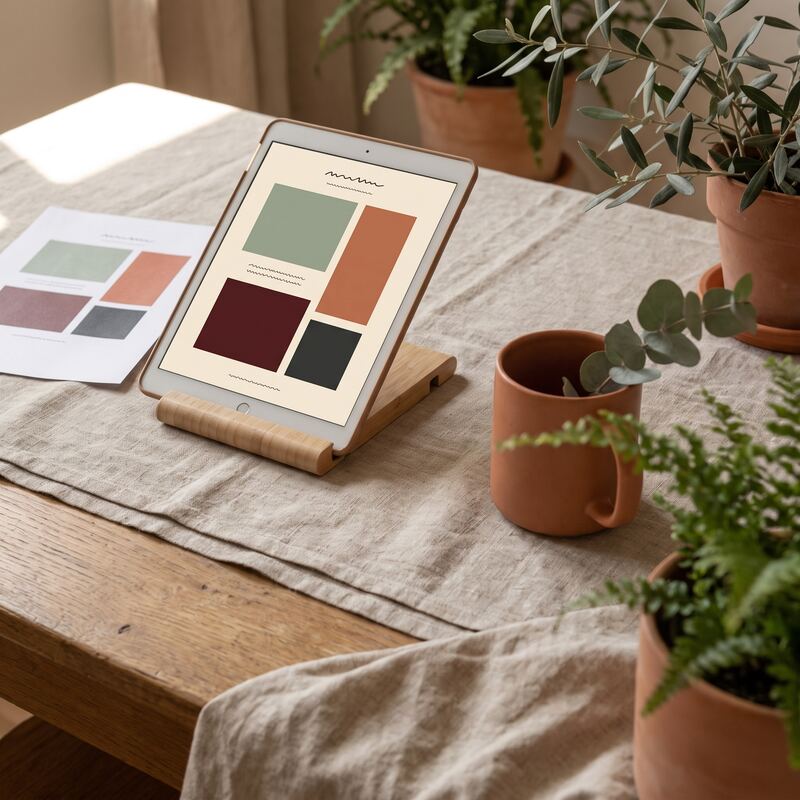 Tablet previewing bold vibrant style social media graphics for an Australian business brand on a warm styled desk Tablet previewing bold vibrant style social media graphics for an Australian business brand on a warm styled desk